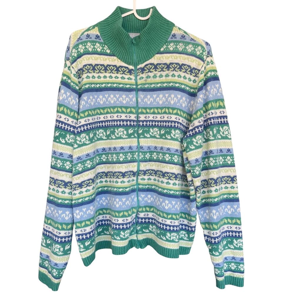 Blair Sweater‎ Womens Extra Large Green Blue Zip Cardigan Fair Isle Knit Pastel